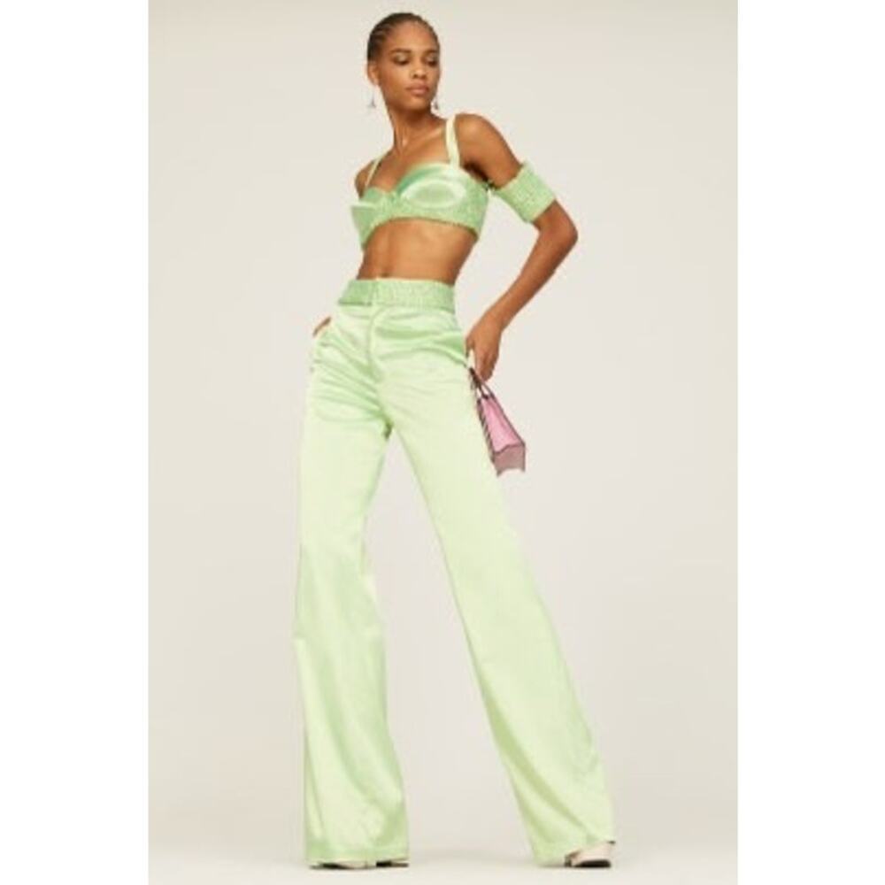 ALIÉTTE Women's Green Satin Front Zipper Closure Retro Wide Leg Pants Size 4